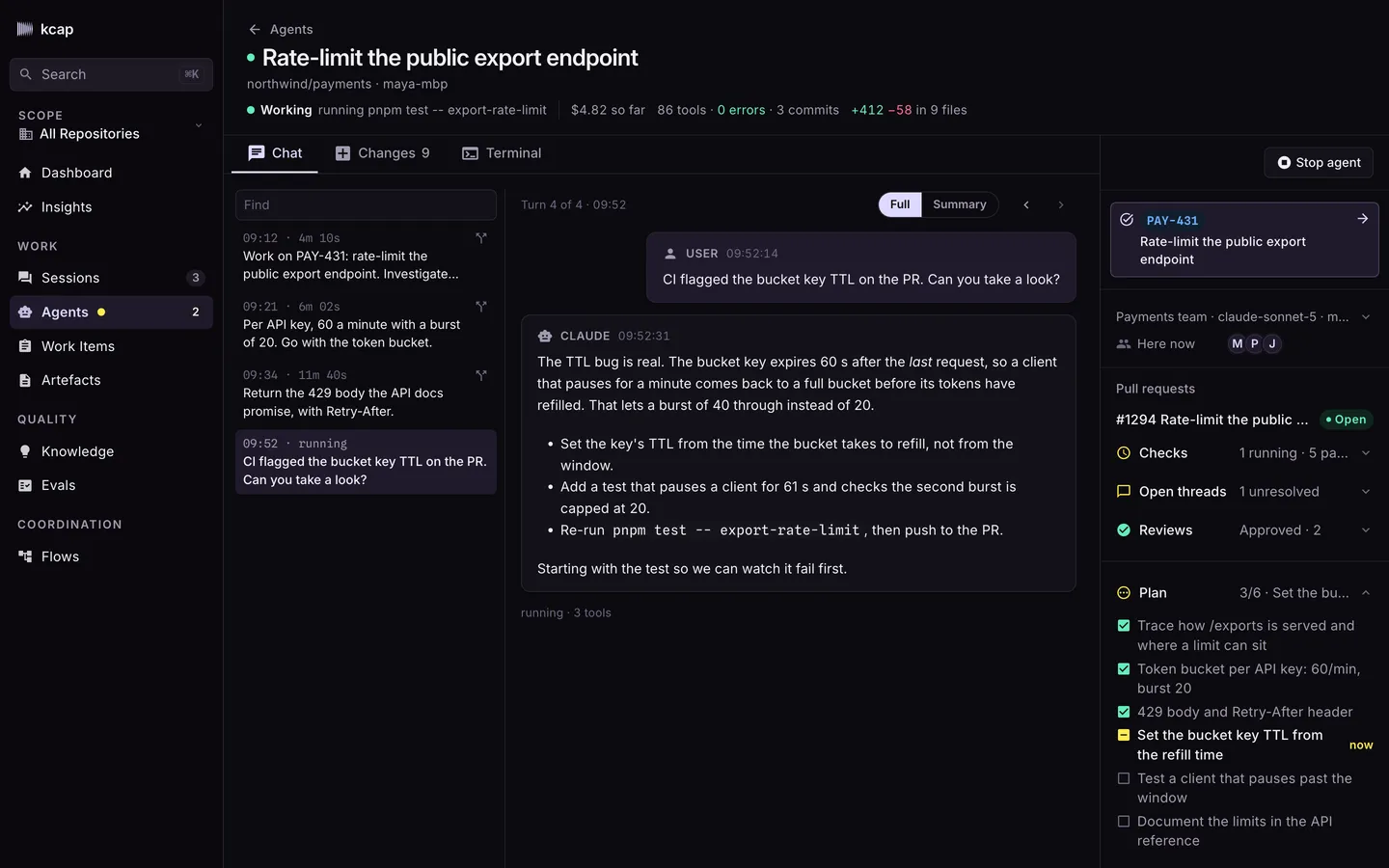 A hosted agent's page: the live transcript, its work item, the PR's checks, threads and reviews, and the plan it is working through