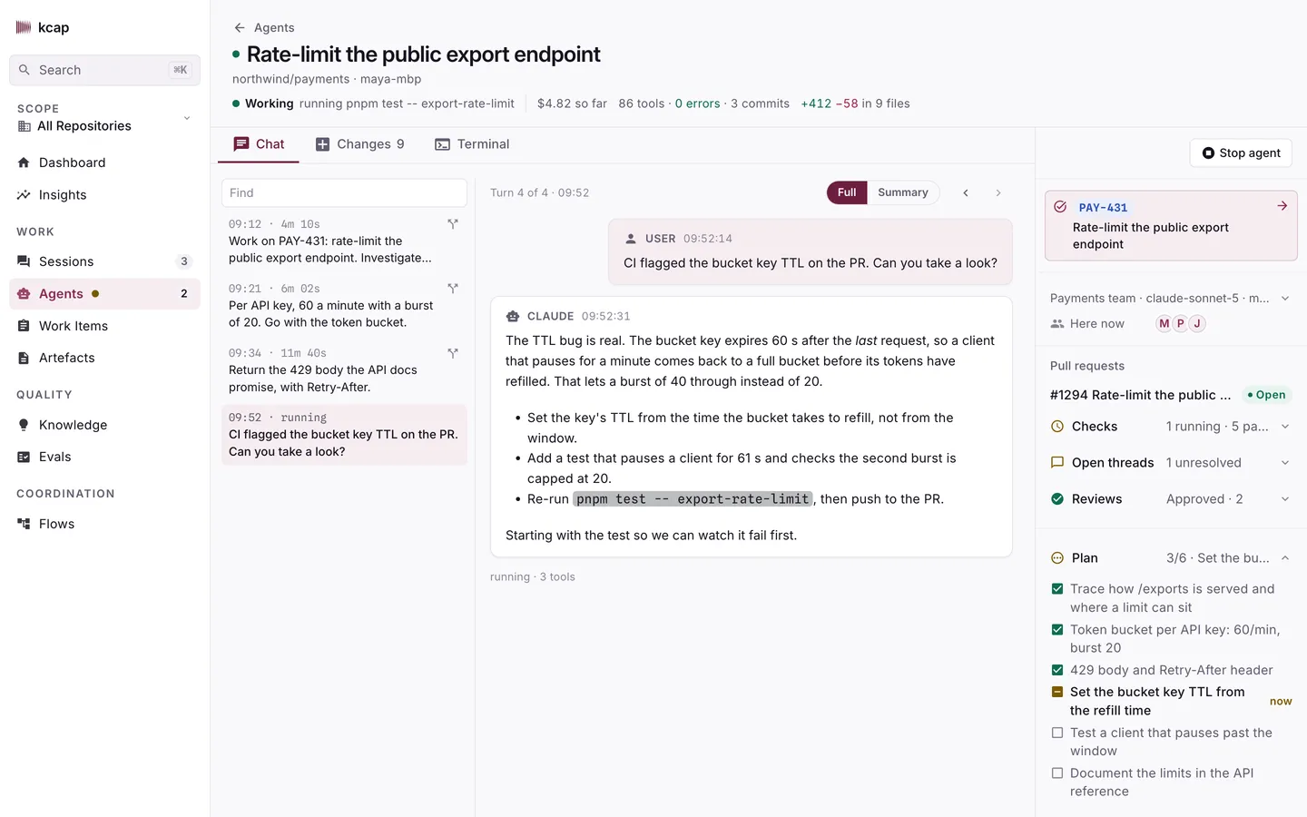 A hosted agent's page: the live transcript, its work item, the PR's checks, threads and reviews, and the plan it is working through