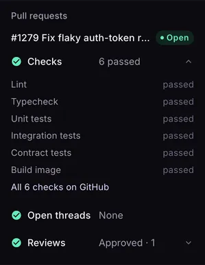PR #1279 after the clean round: six checks passed, no open threads, approved