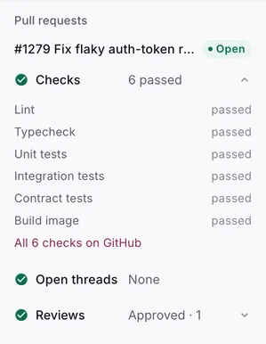 PR #1279 after the clean round: six checks passed, no open threads, approved