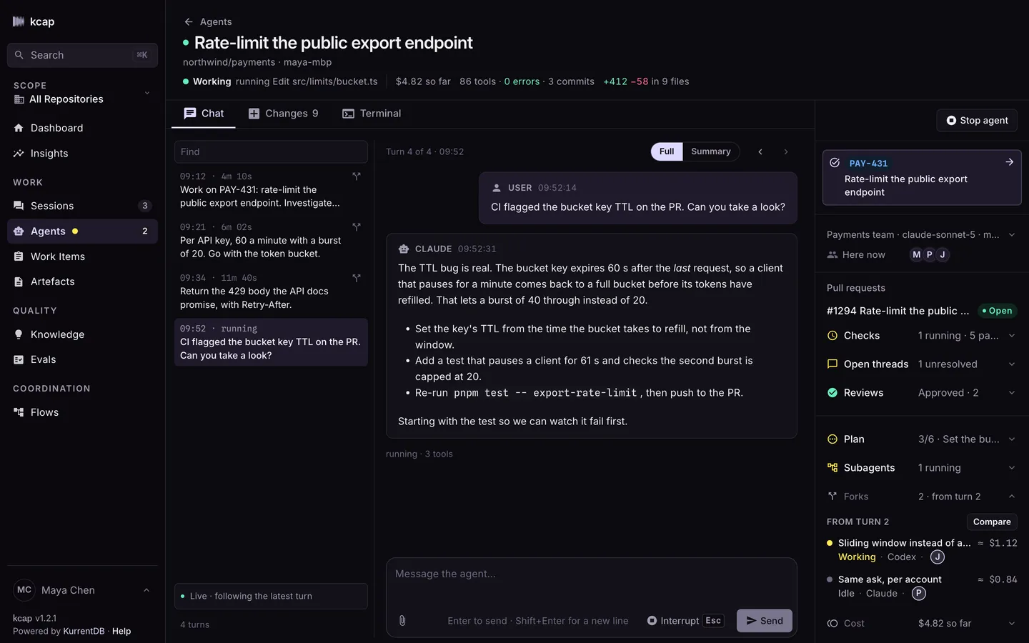 A live agent shared with the payments team: three people on the page and two forks from turn 2