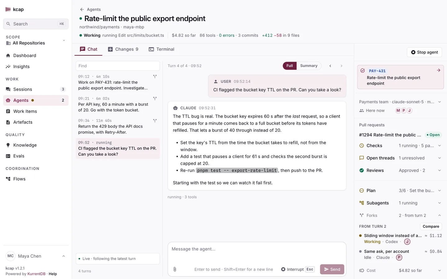 A live agent shared with the payments team: three people on the page and two forks from turn 2