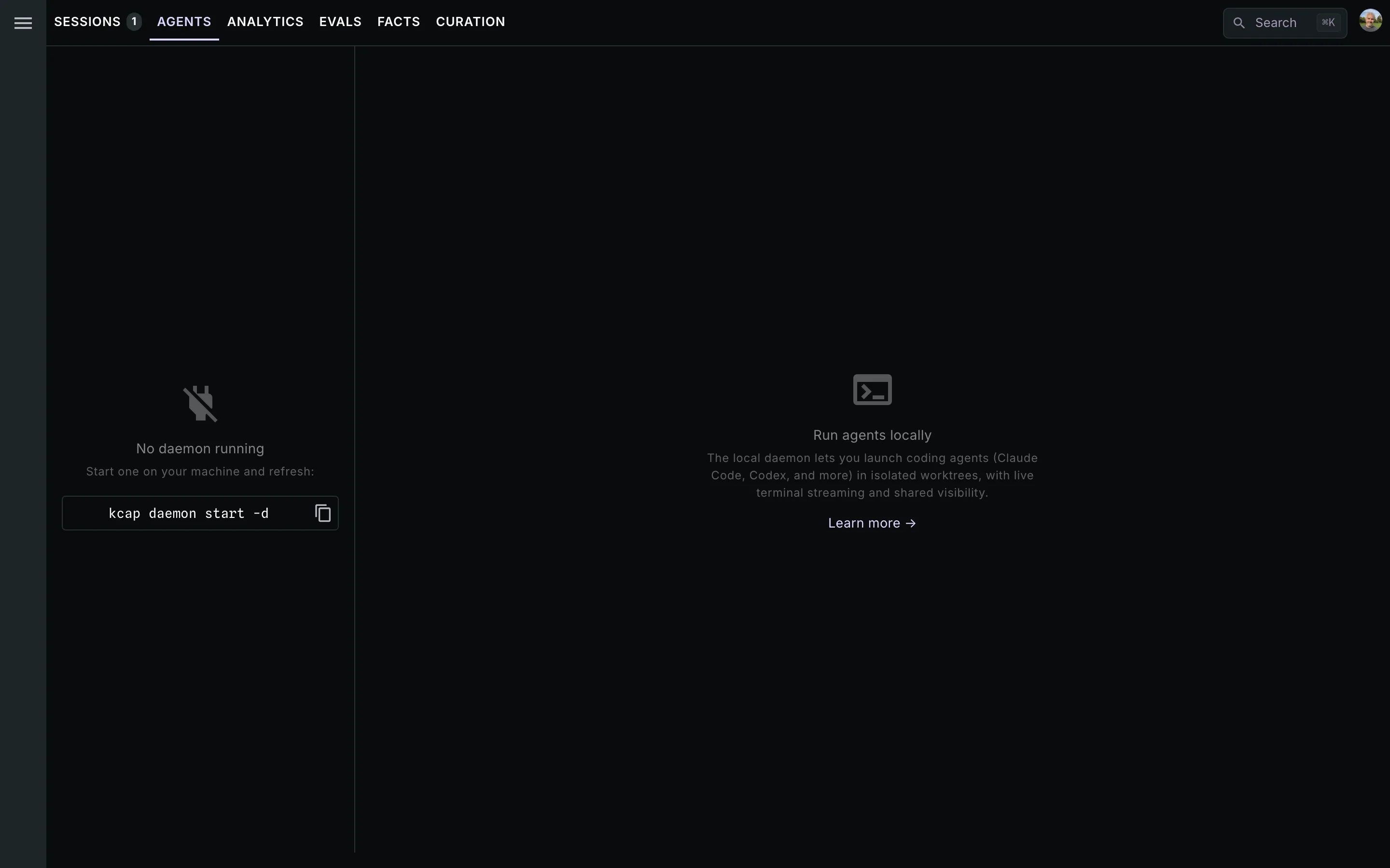 The Agents tab before any daemon is running: the dashboard shows the kcap daemon start command and explains that the local daemon launches agents in isolated worktrees.