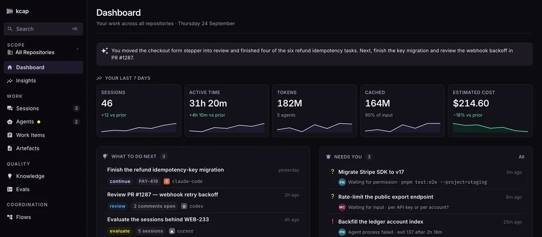 The kcap dashboard in dark mode: this week's summary, sessions, cost, what to do next and the agents that need you