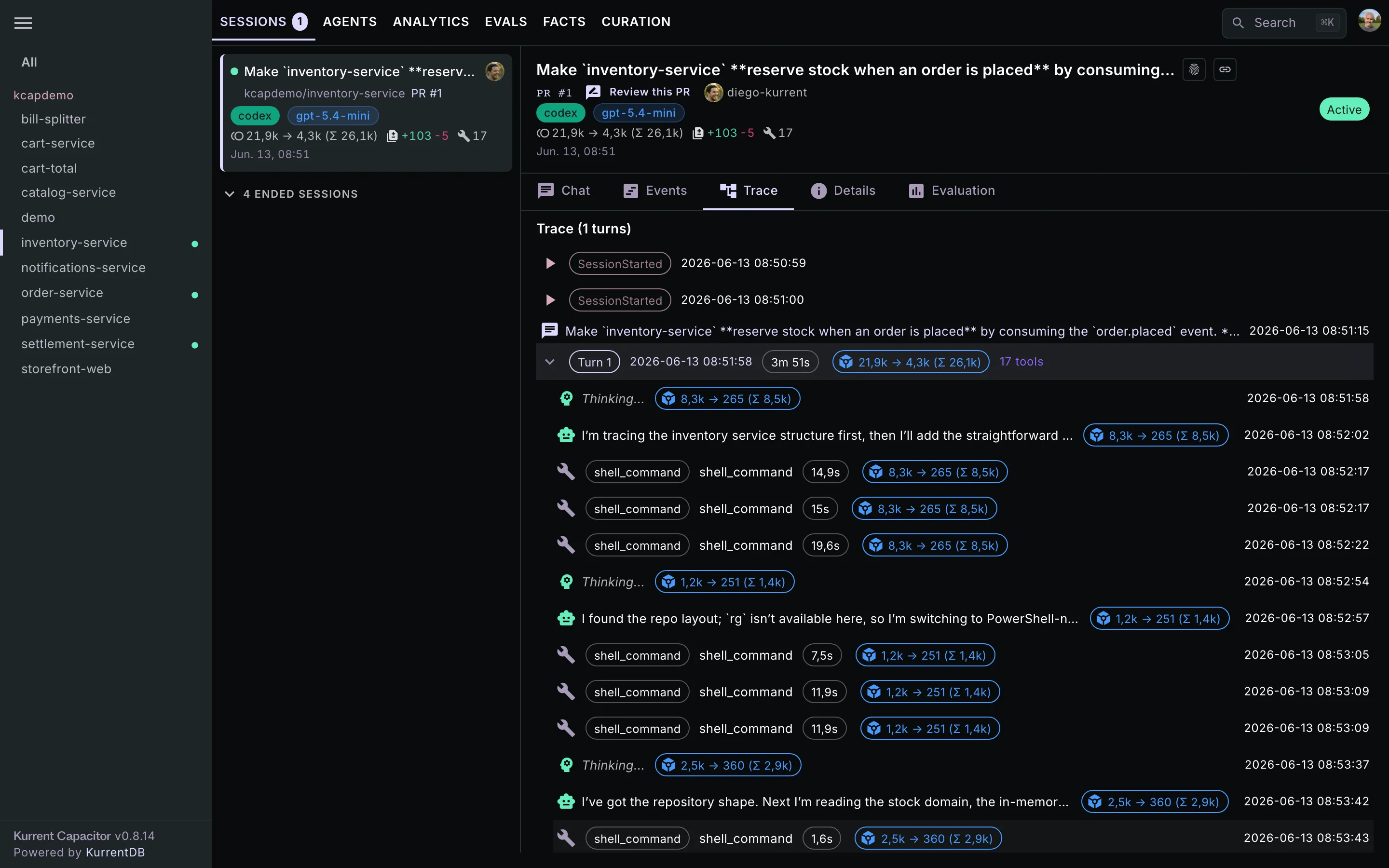The Capacitor dashboard: repository sidebar on the left, tab bar on top, and the split session list / detail panel filling the rest.