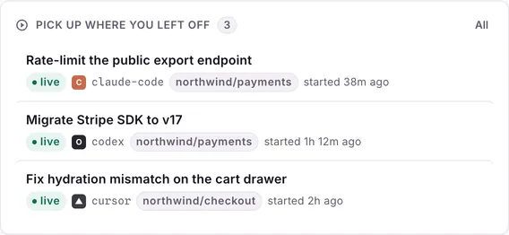 Live sessions from Claude Code, Codex and Cursor in one list