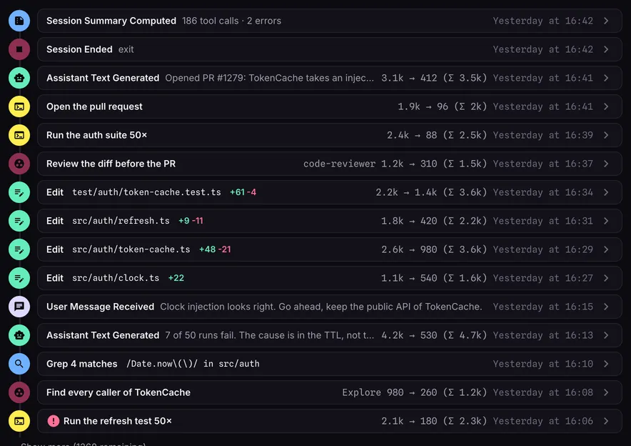 The session's event stream: messages, tool calls, edits and agents in order