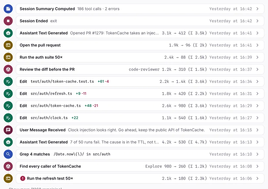The session's event stream: messages, tool calls, edits and agents in order