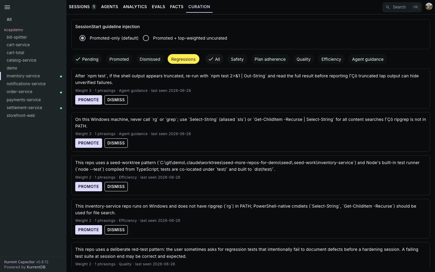 Curation tab with injection mode, status filters, and category filters.