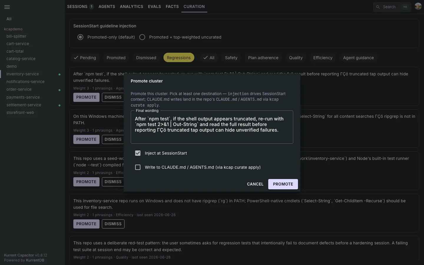 Promote cluster dialog with destination choices for SessionStart injection and CLAUDE.md / AGENTS.md.