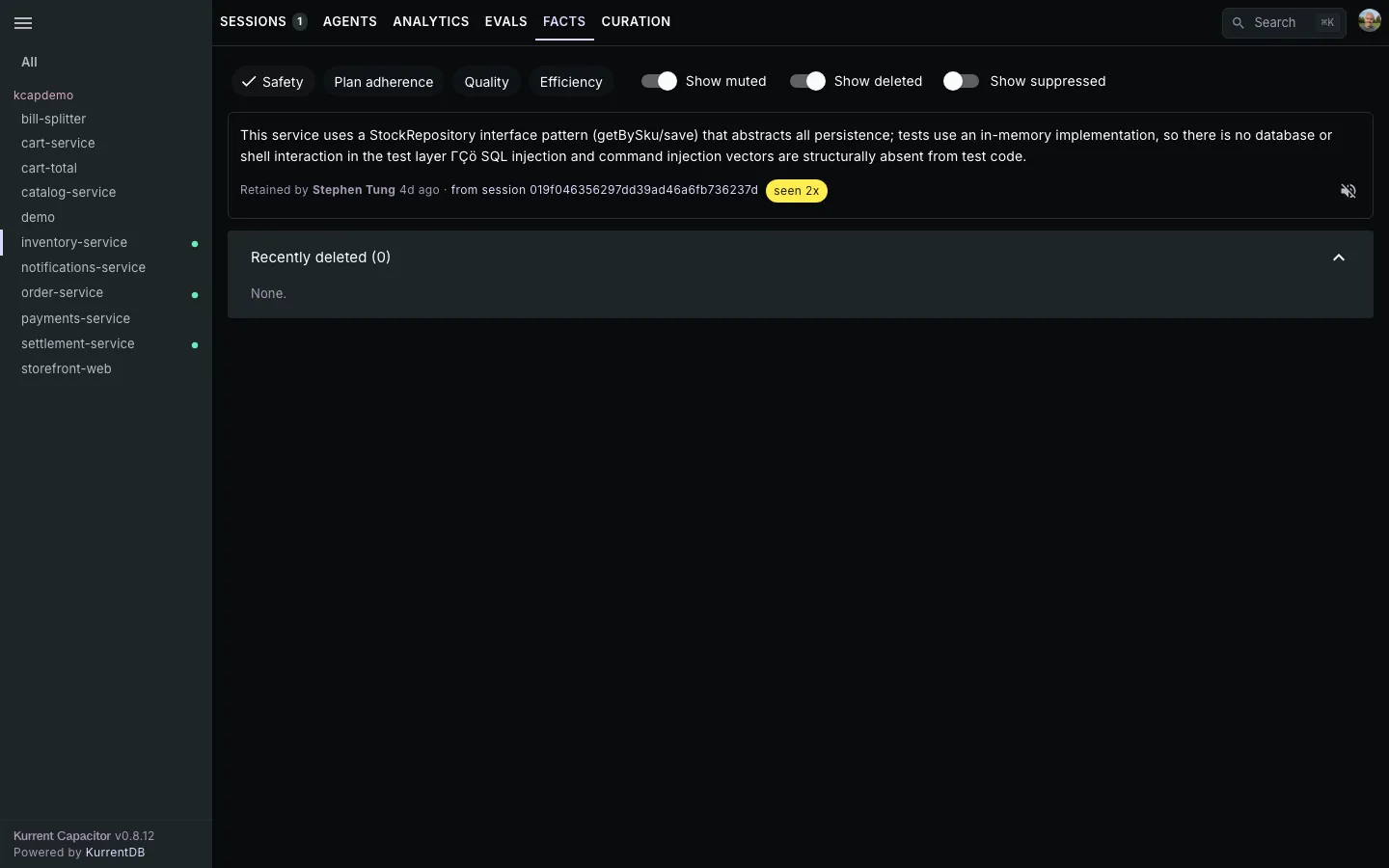Facts tab filters with muted and deleted facts visible.