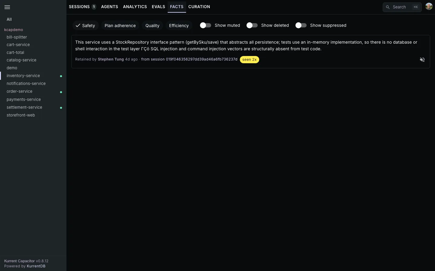 Facts tab with category filters and review toggles.