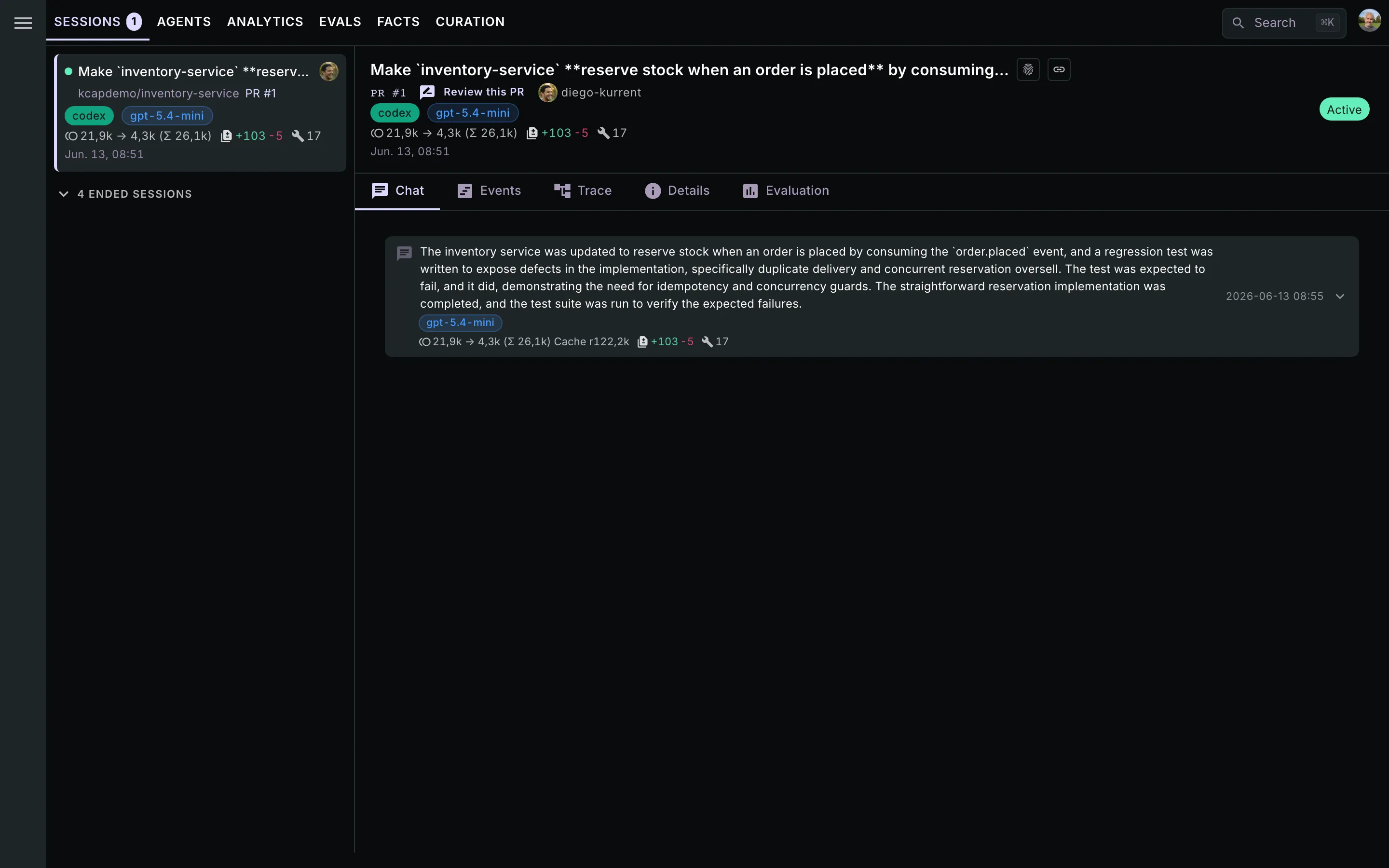 The Transcript tab: a read-only replay of the conversation — user prompts, assistant messages, and tool calls with their results.