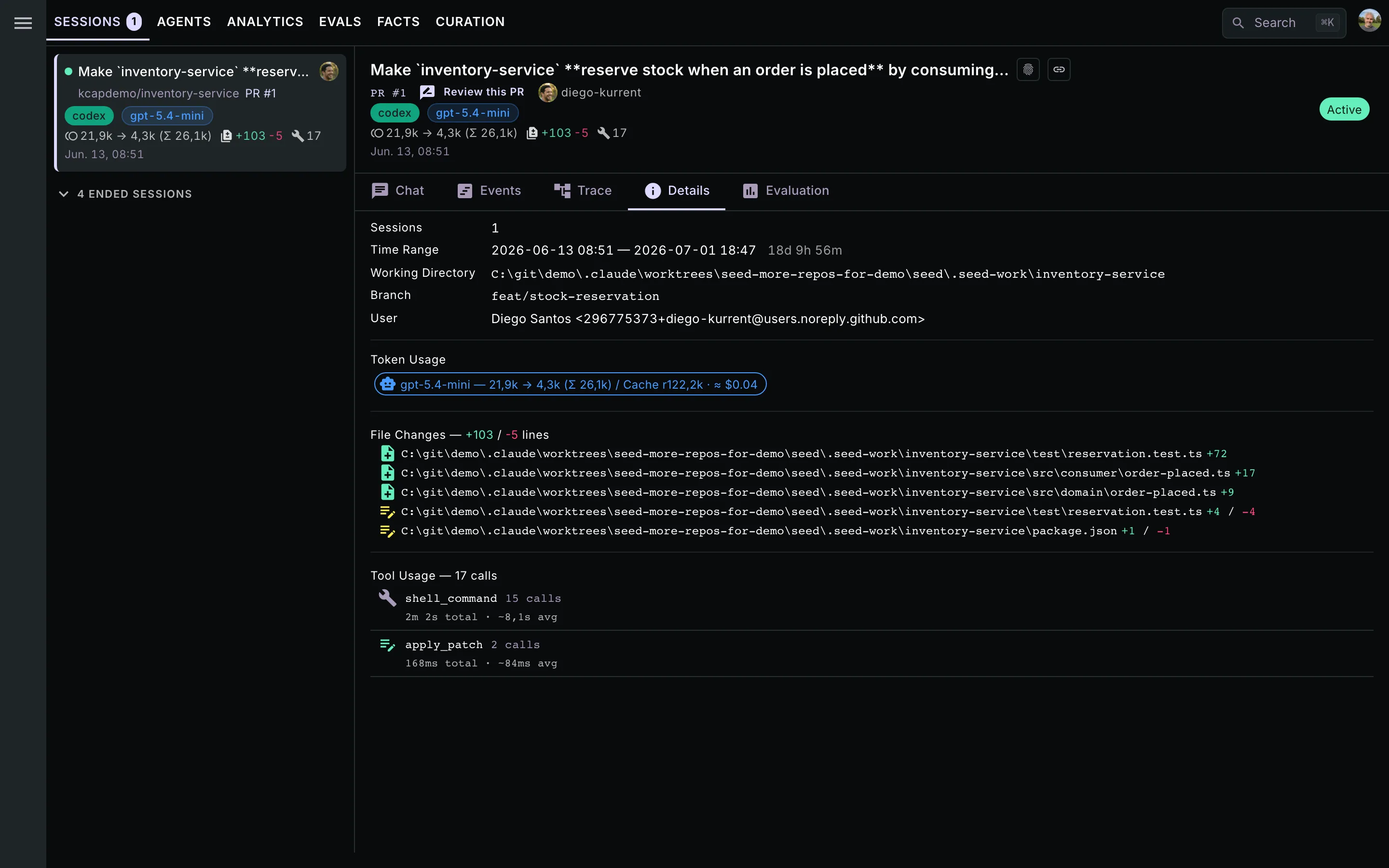The Details tab: session metadata — repo, branch, PR linkage, ownership, visibility — plus token usage per model and a tool-usage breakdown.