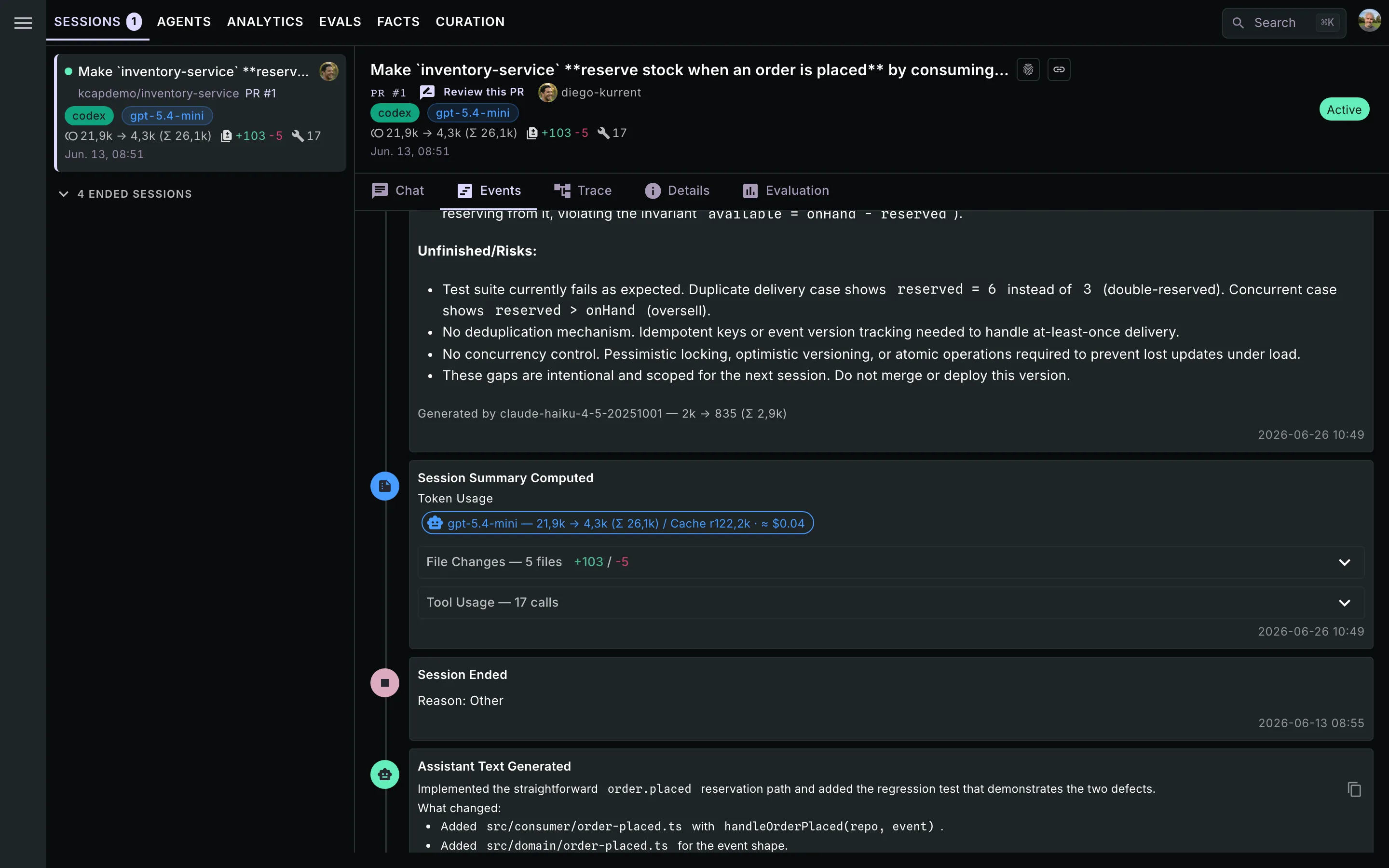 The Events tab: the append-only event stream — thinking blocks, tool calls, and user messages, newest first, with exact token and cache counts per event.