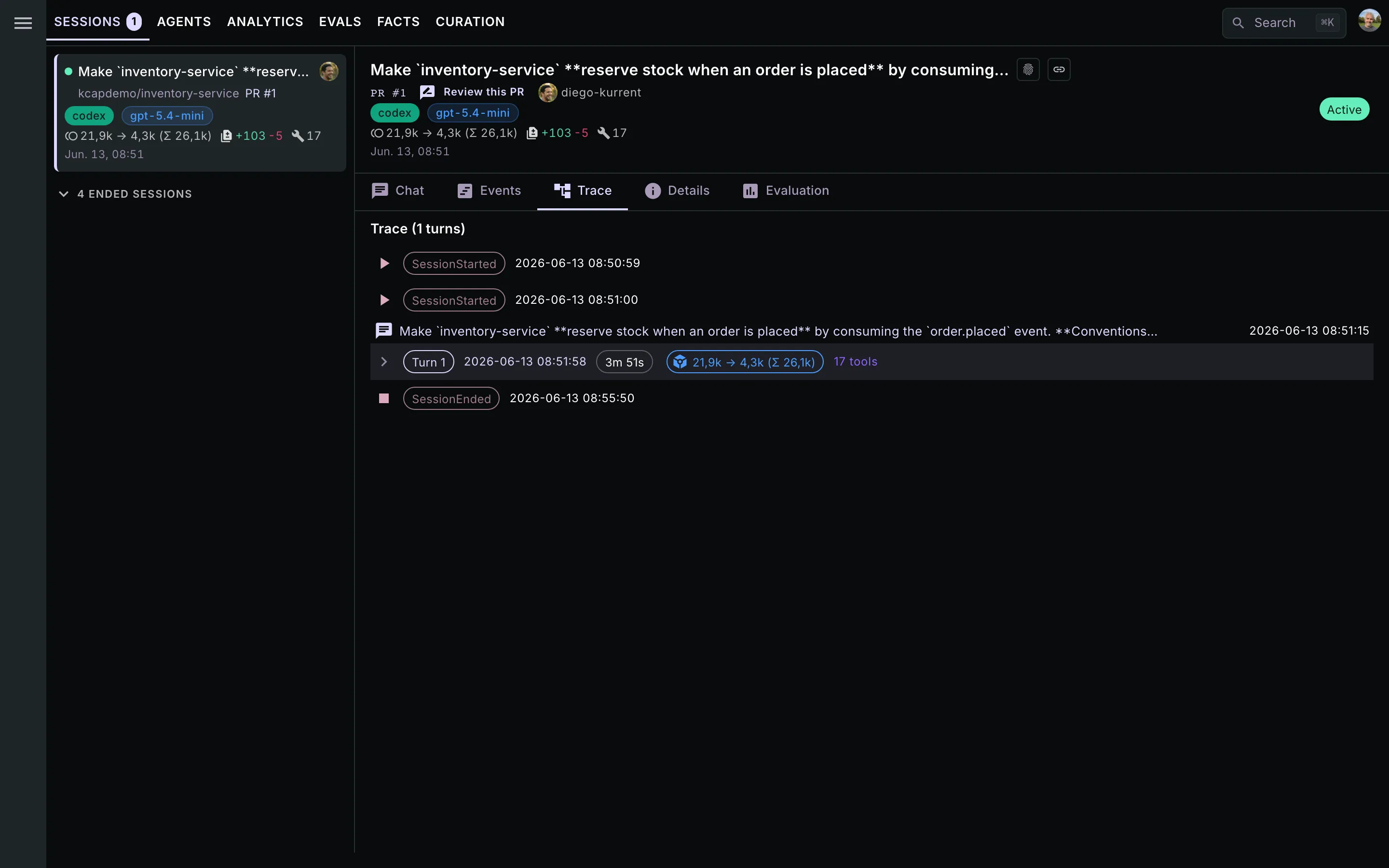 The Trace tab: turns rolled up into collapsible nodes; expanding one shows its thinking blocks and tool calls with durations and per-turn token counts.