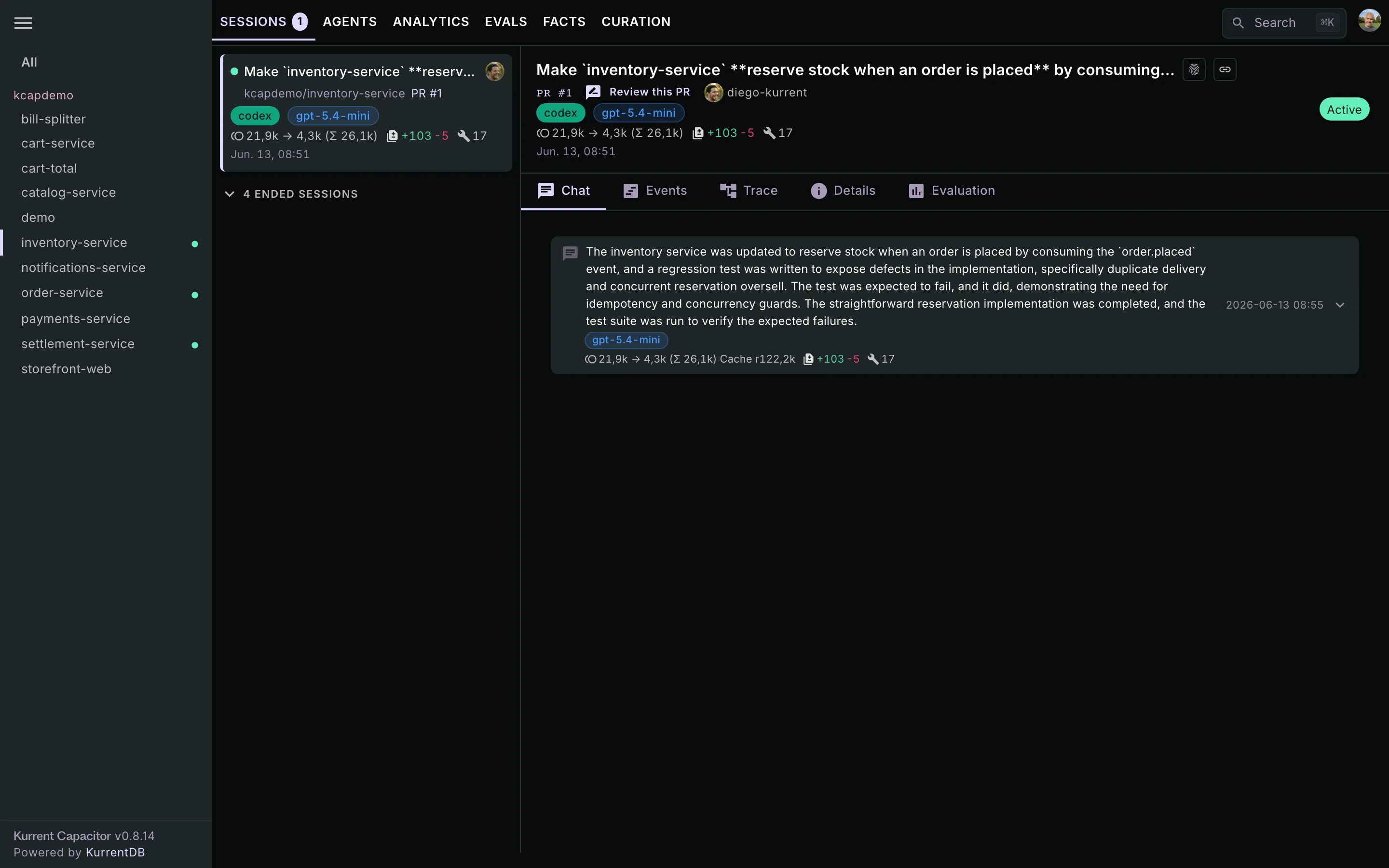The Sessions tab with a finished session selected: the row shows the repo, owner avatar, model, and token counts; the detail panel replays the conversation.