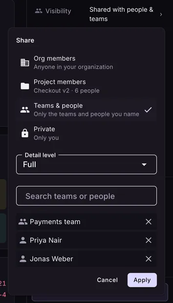 The share menu on a session: org members, project members, teams and people, or private