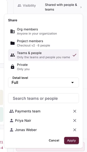 The share menu on a session: org members, project members, teams and people, or private