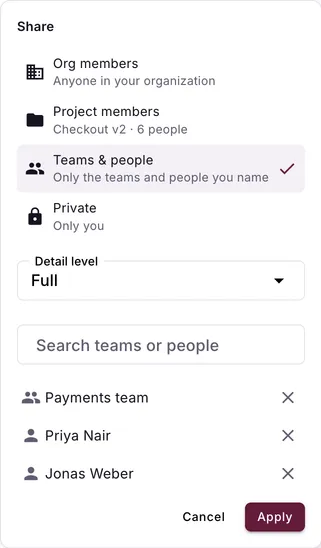 The share menu: org members, project members, teams and people, or private