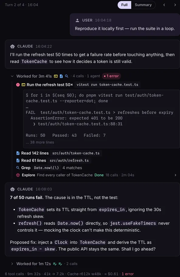 One recorded turn: the prompt, the agent's plan, its tool calls with their output, and its reply