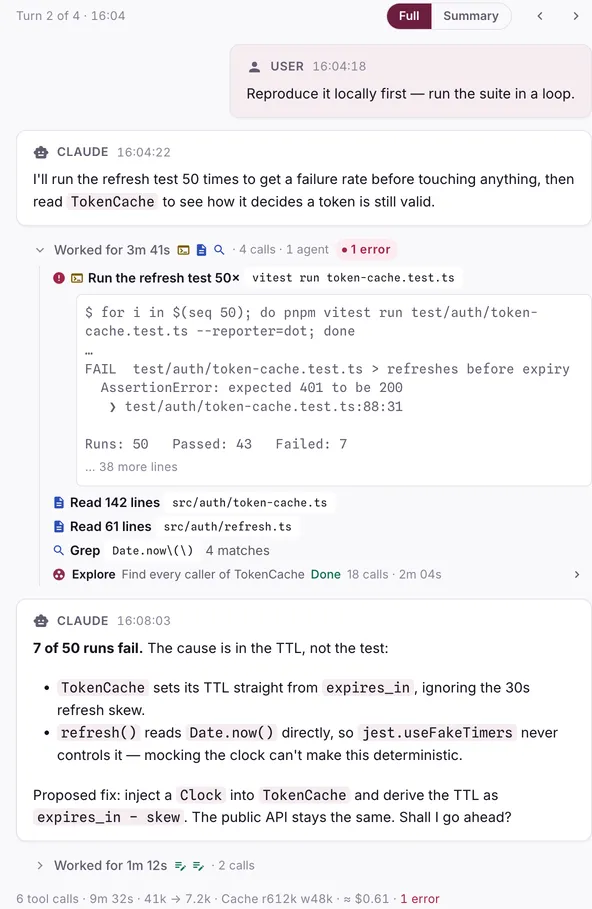 One recorded turn: the prompt, the agent's plan, its tool calls with their output, and its reply