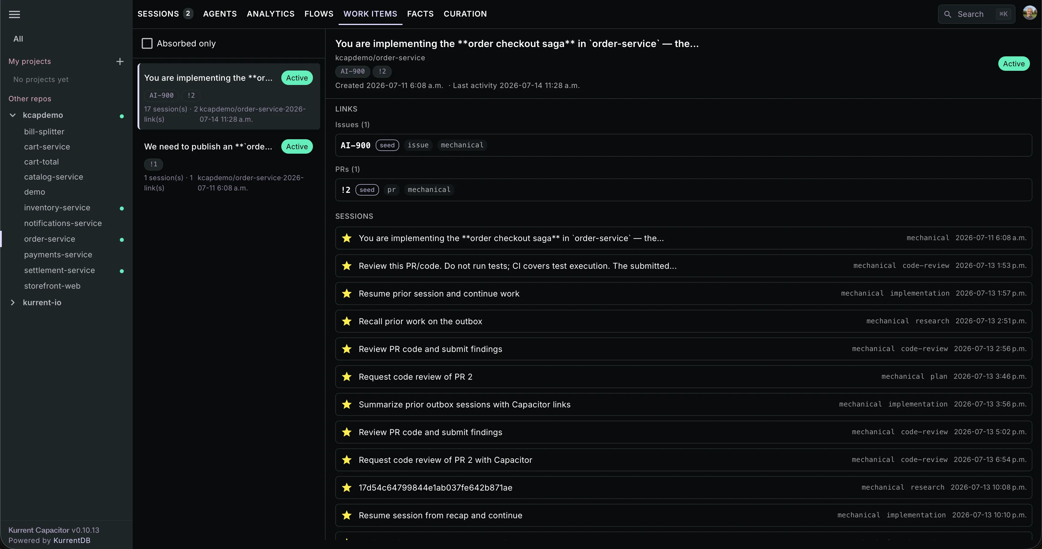 The Work Items tab: a list of work-item cards on the left, and on the right the selected item's detail panel — its issue and PR links with tracker-state chips, and the sessions attached to it, each with a phase chip and a star on the primary session.
