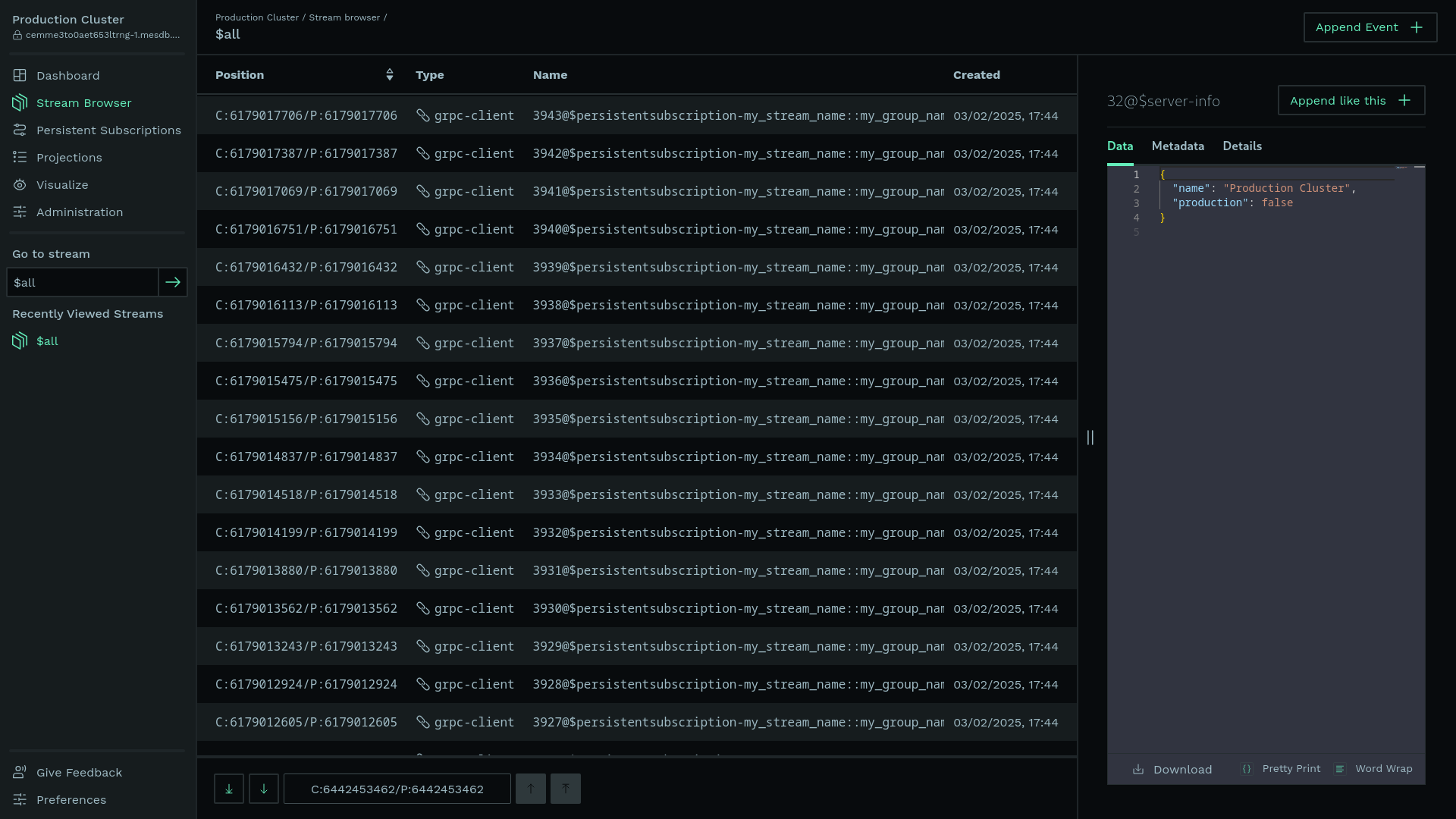 Kurrent Navigator Dashboard