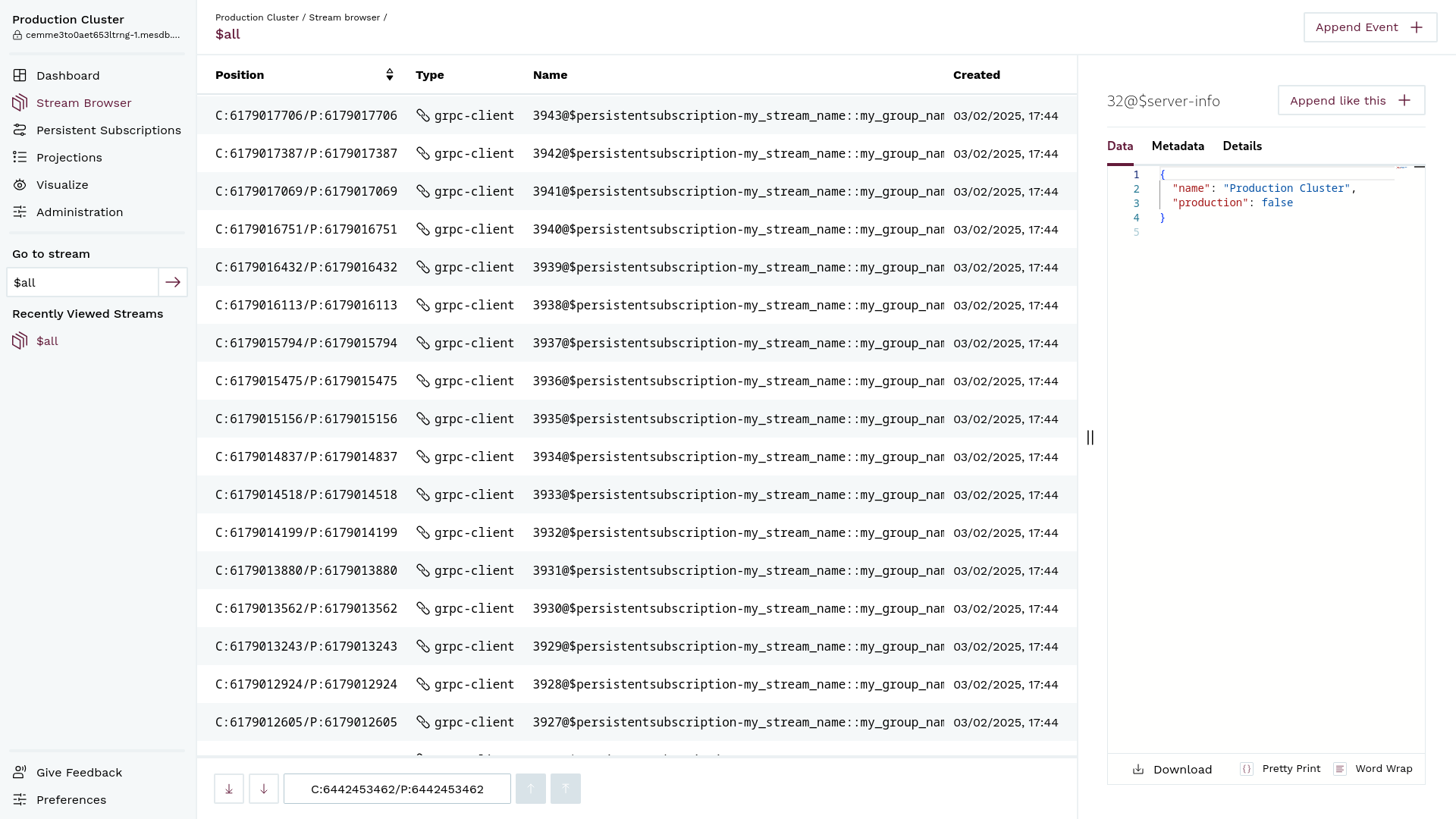 Kurrent Navigator Dashboard