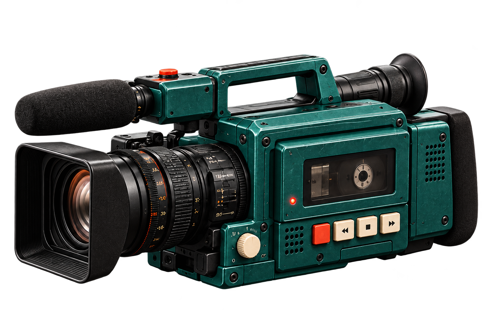 A teal shoulder-mounted broadcast camcorder with an integrated tape recorder
