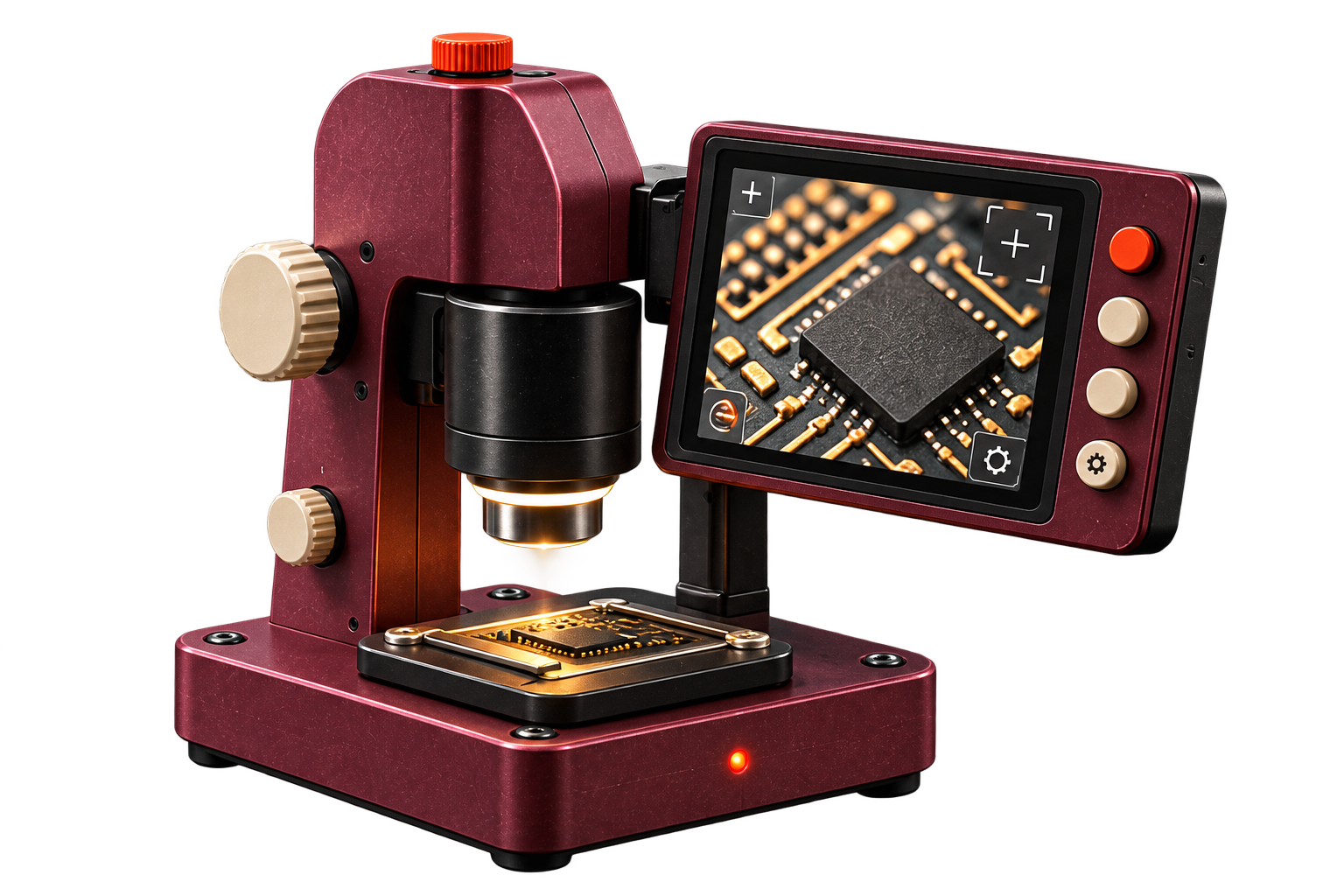 A plum digital microscope with a screen showing an enlarged circuit