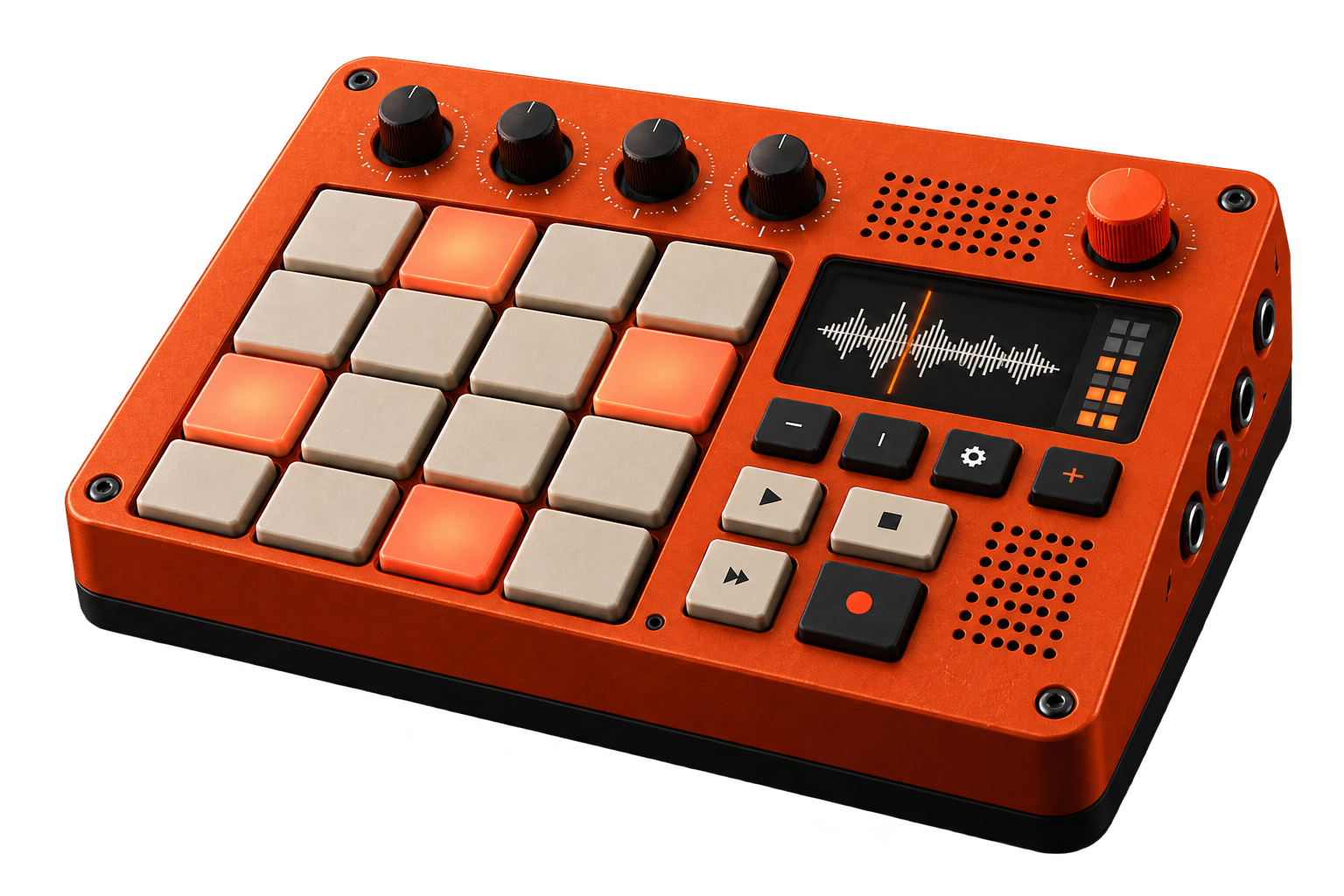 An orange music sampler with illuminated beat pads and a waveform display