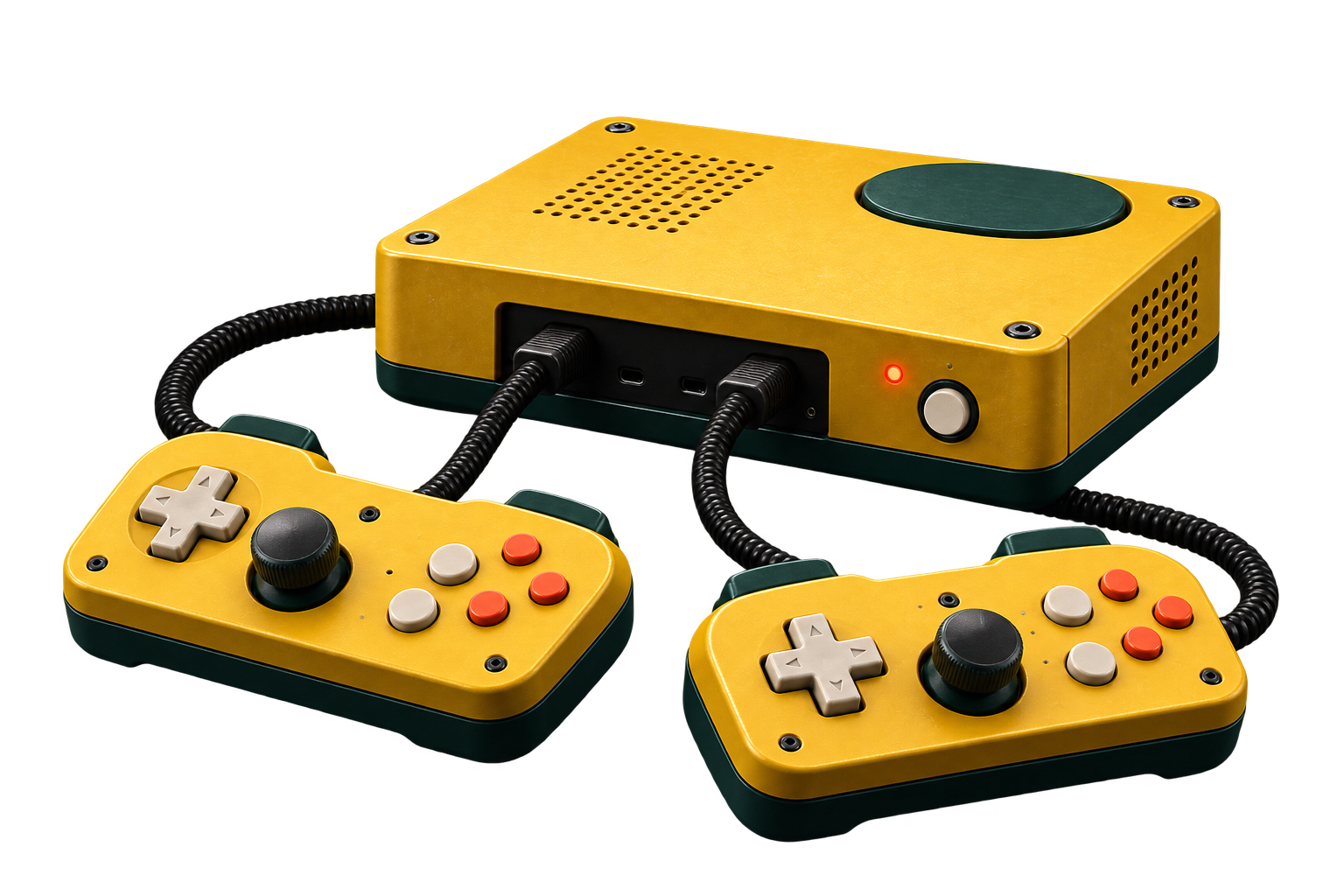 A yellow game console with two connected controllers